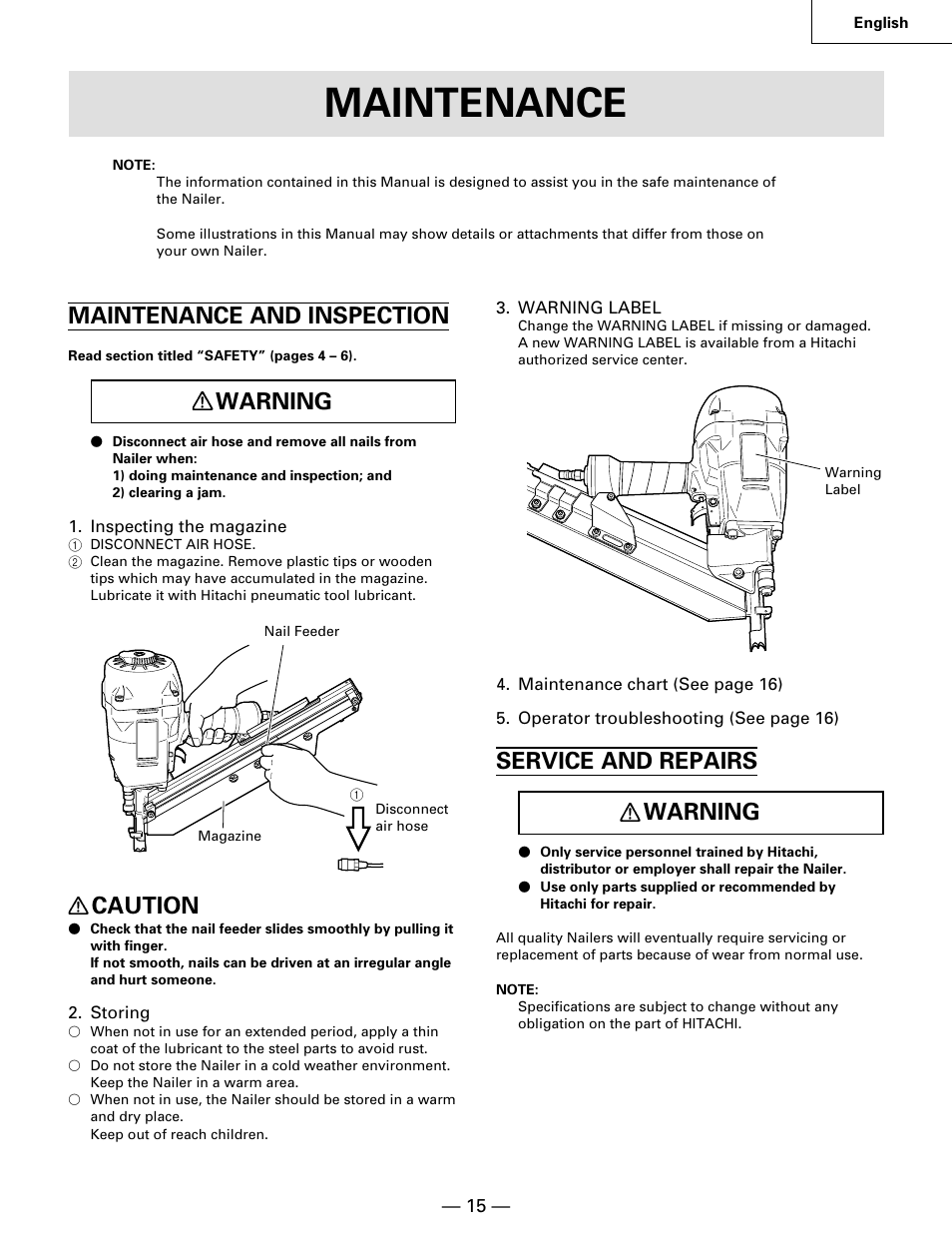 Maintenance, Maintenance and inspection, Warning | Caution, Service and repairs warning | Hitachi NR90AA User Manual | Page 15 / 48