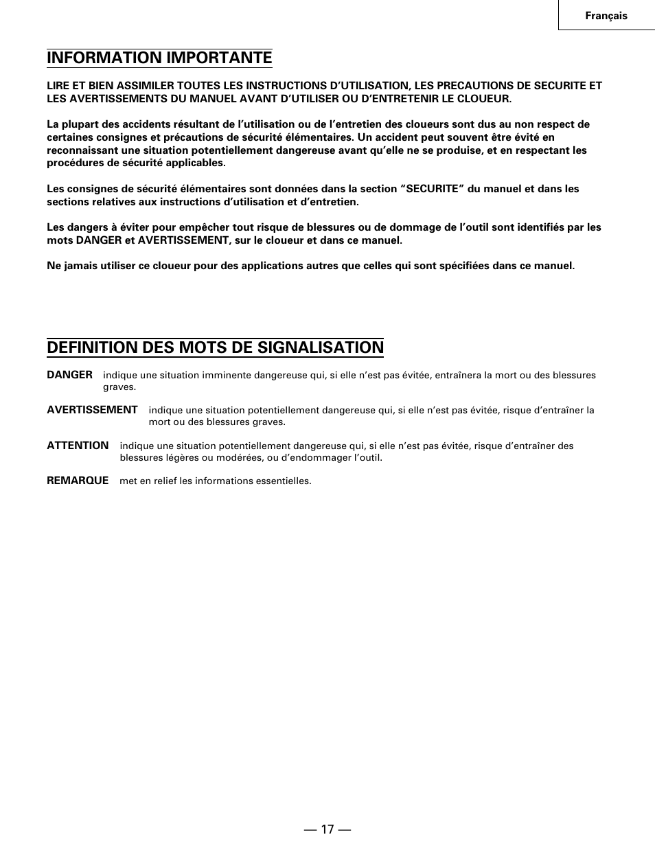 Information importante, Definition des mots de signalisation | Hitachi NR90AA User Manual | Page 17 / 48