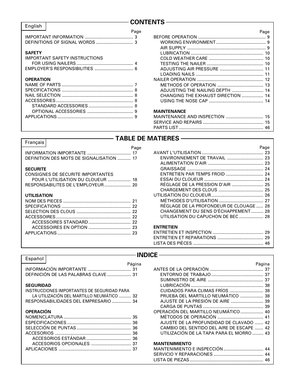 Contents table de matieres indice | Hitachi NR90AA User Manual | Page 2 / 48