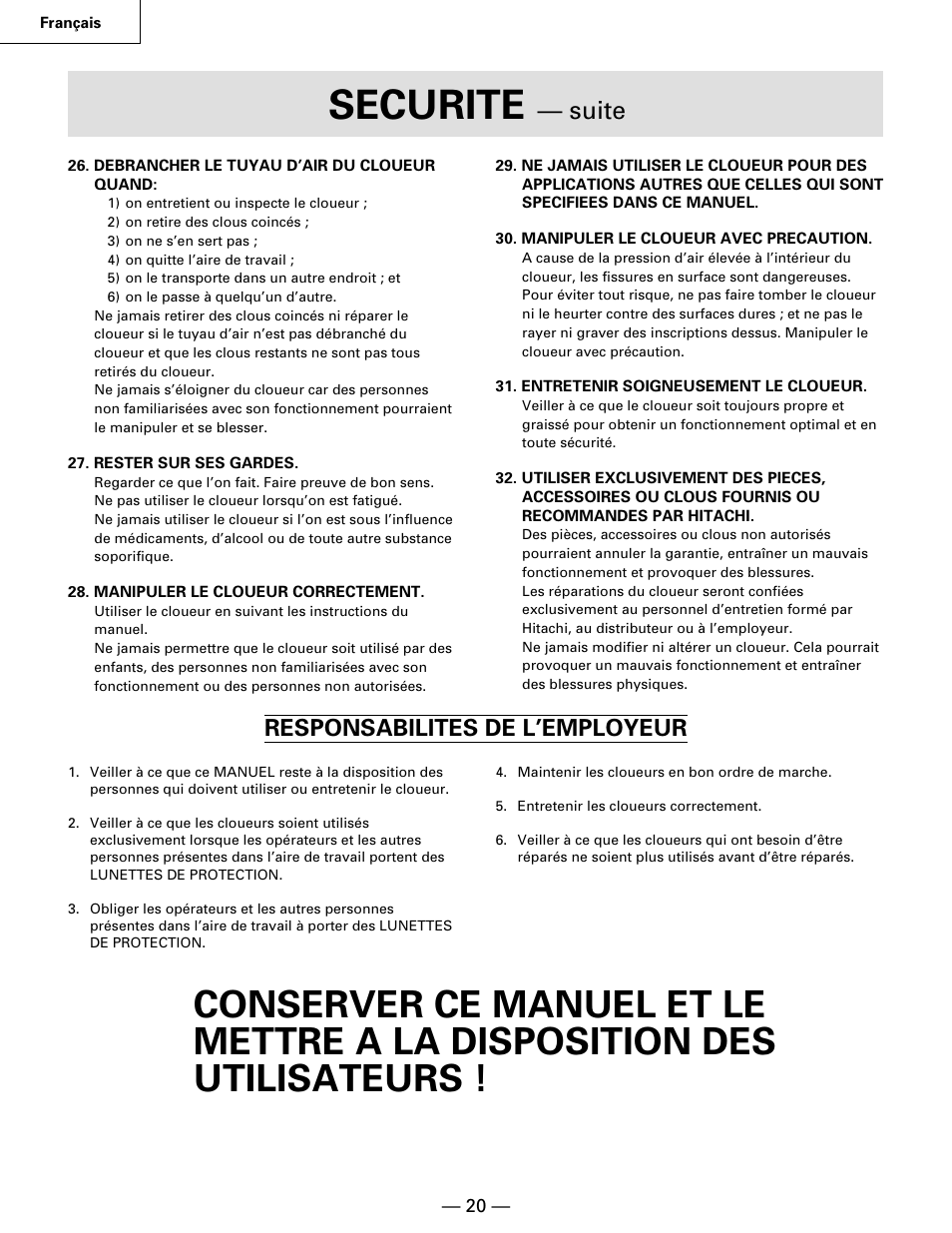 Securite, Suite, Responsabilites de l’employeur | Hitachi NR90AA User Manual | Page 20 / 48