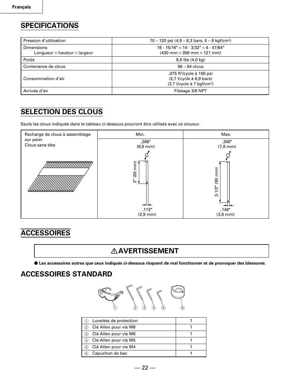 Specifications, Selection des clous, Accessoires avertissement | Accessoires standard | Hitachi NR90AA User Manual | Page 22 / 48