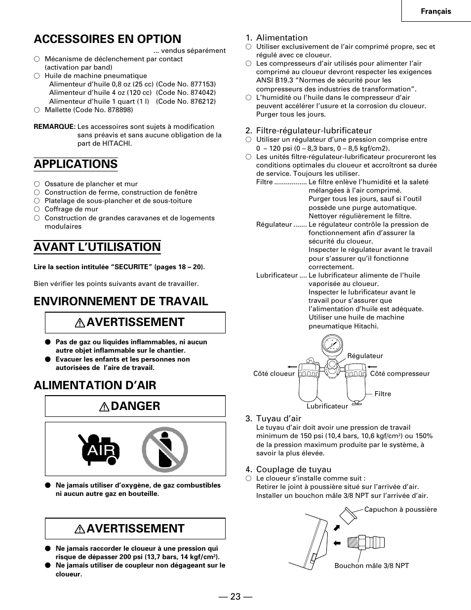 Accessoires en option, Applications, Avant l’utilisation | Environnement de travail avertissement, Alimentation d’air danger, Avertissement | Hitachi NR90AA User Manual | Page 23 / 48