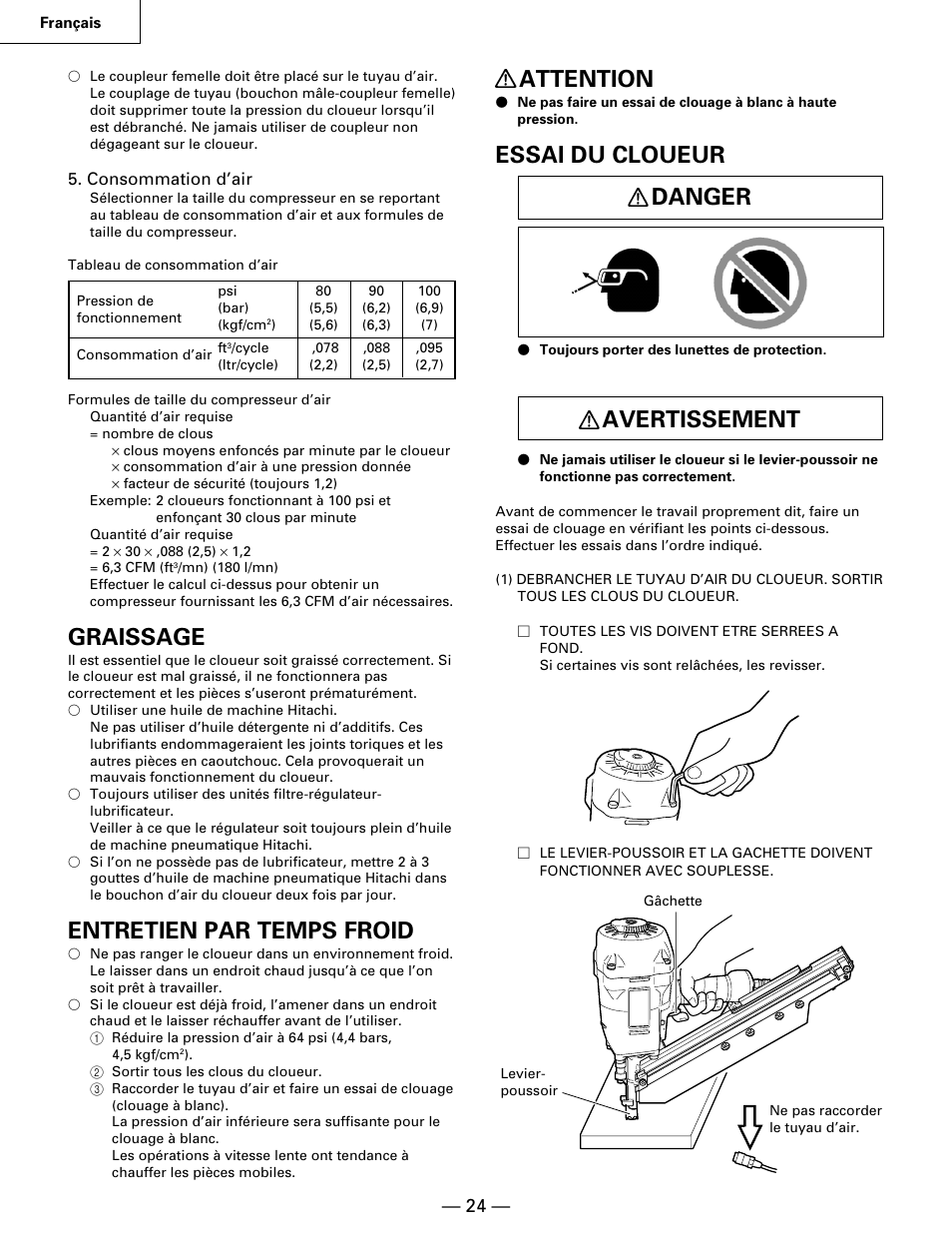 Graissage, Entretien par temps froid, Attention | Essai du cloueur danger, Avertissement | Hitachi NR90AA User Manual | Page 24 / 48