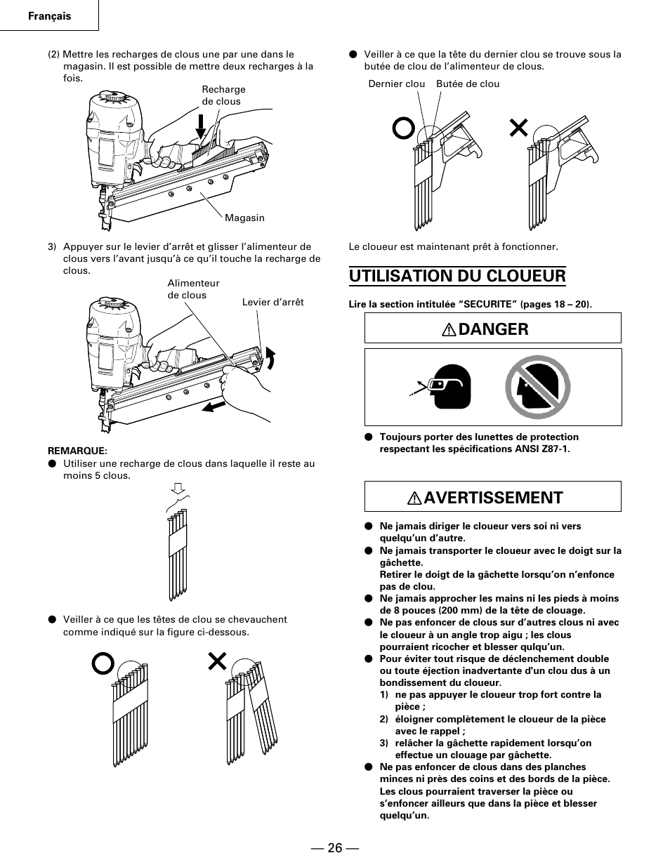 Utilisation du cloueur, Danger, Avertissement | Hitachi NR90AA User Manual | Page 26 / 48