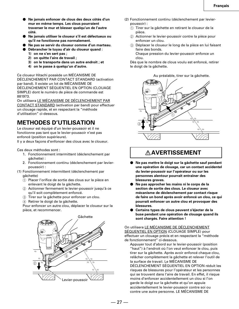 Methodes d’utilisation, Avertissement | Hitachi NR90AA User Manual | Page 27 / 48