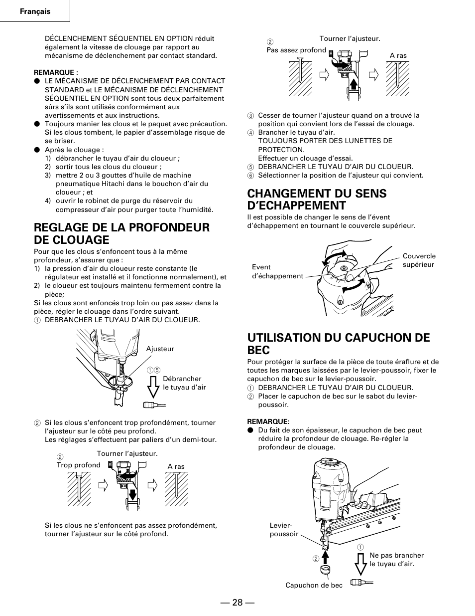 Reglage de la profondeur de clouage, Changement du sens d’echappement, Utilisation du capuchon de bec | Hitachi NR90AA User Manual | Page 28 / 48