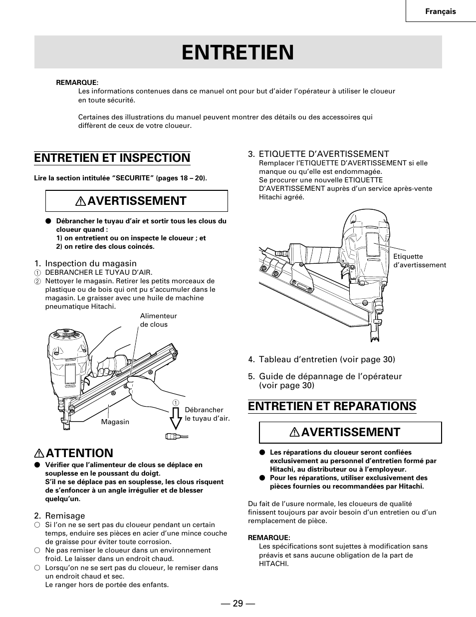 Entretien, Entretien et inspection, Avertissement | Attention, Entretien et reparations avertissement | Hitachi NR90AA User Manual | Page 29 / 48
