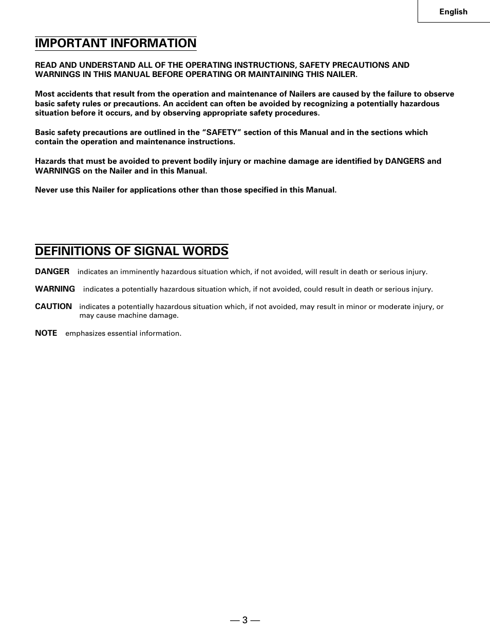 Important information, Definitions of signal words | Hitachi NR90AA User Manual | Page 3 / 48