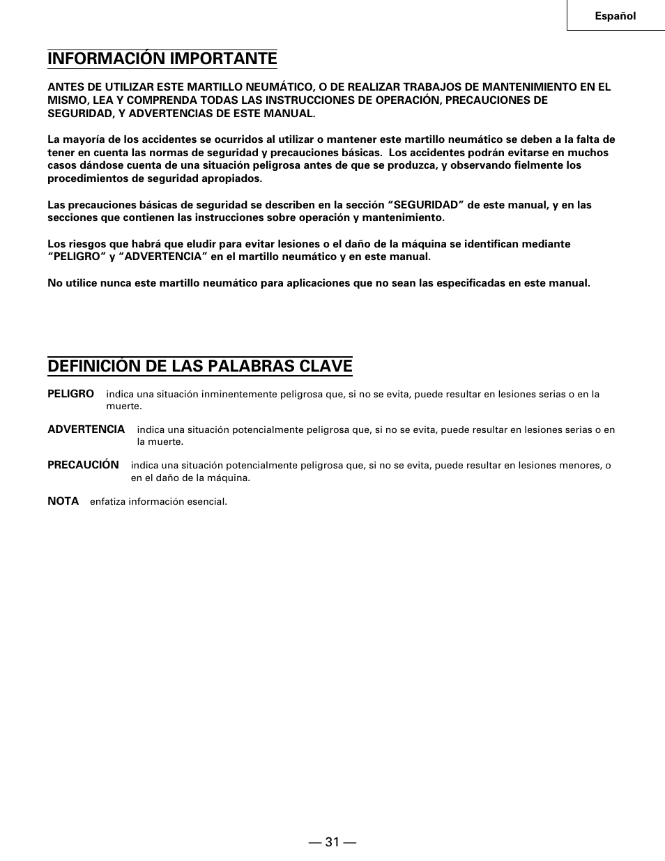 Información importante, Definición de las palabras clave | Hitachi NR90AA User Manual | Page 31 / 48