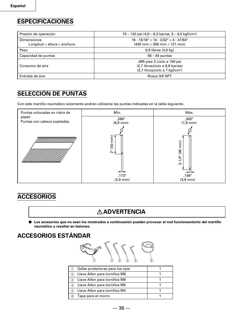 Especificaciones, Selección de puntas, Accesorios advertencia | Accesorios estándar | Hitachi NR90AA User Manual | Page 36 / 48