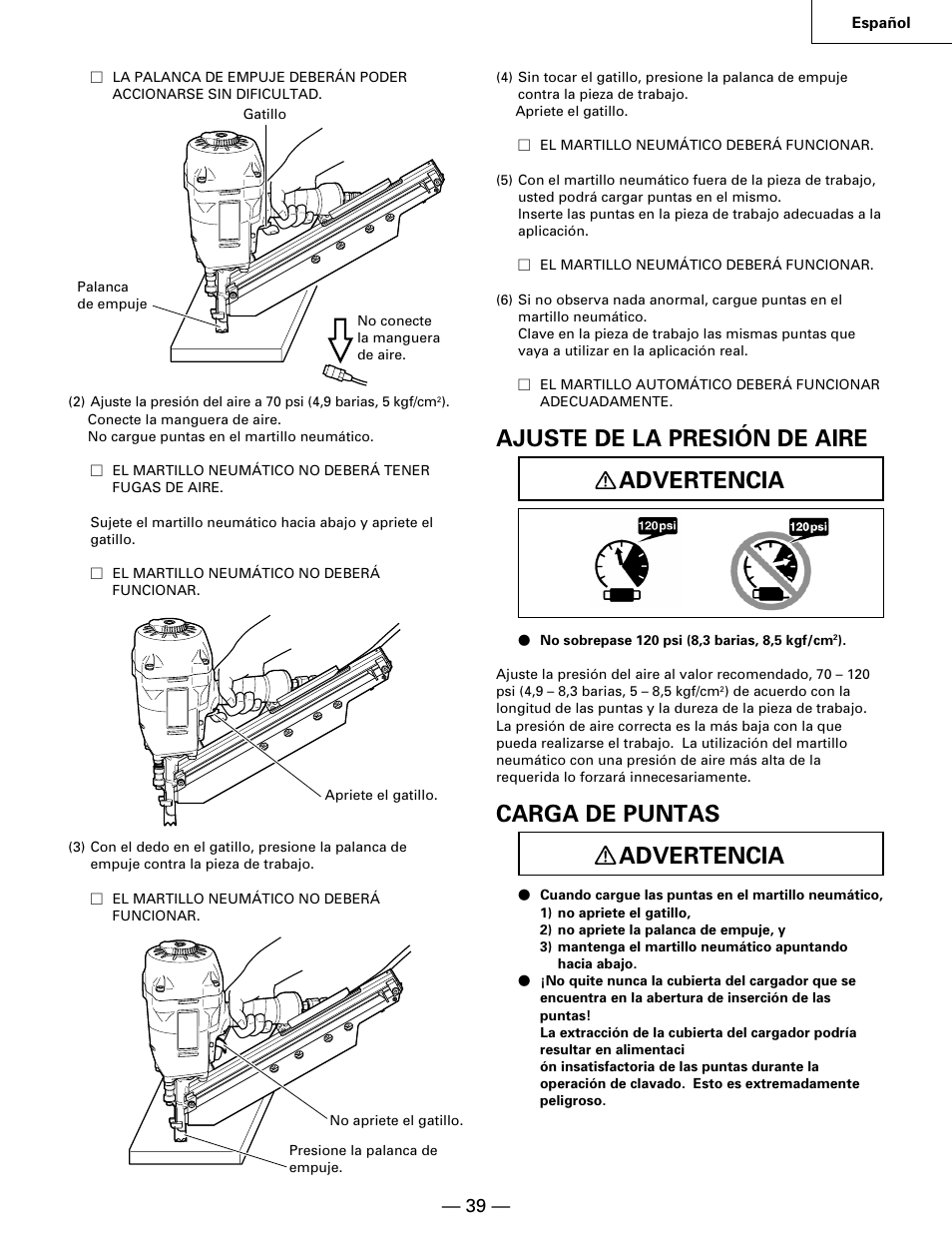 Ajuste de la presión de aire advertencia, Carga de puntas advertencia | Hitachi NR90AA User Manual | Page 39 / 48