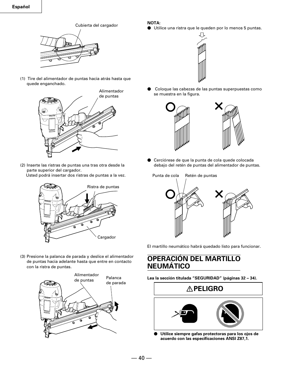 Operación del martillo neumático, Peligro | Hitachi NR90AA User Manual | Page 40 / 48