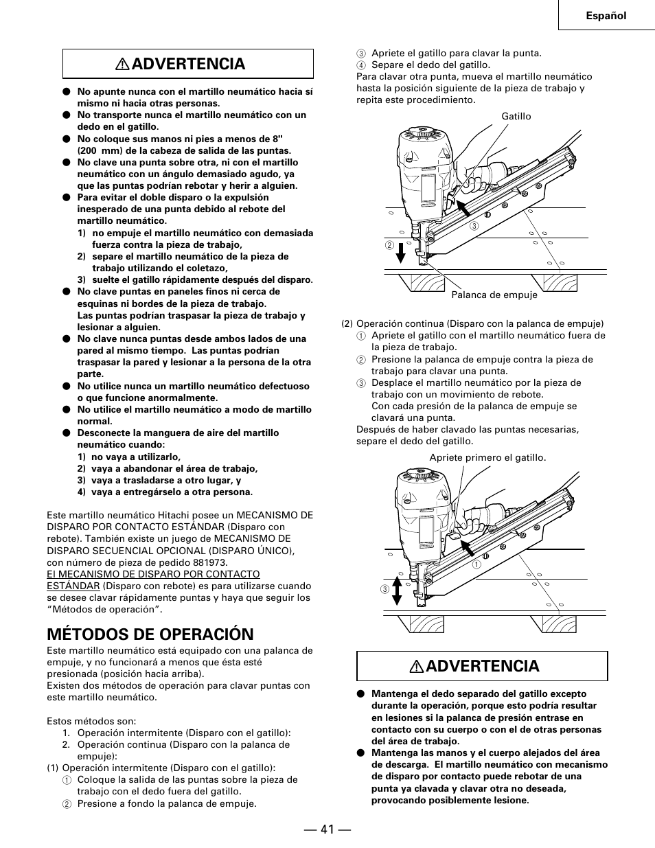 Advertencia, Métodos de operación | Hitachi NR90AA User Manual | Page 41 / 48