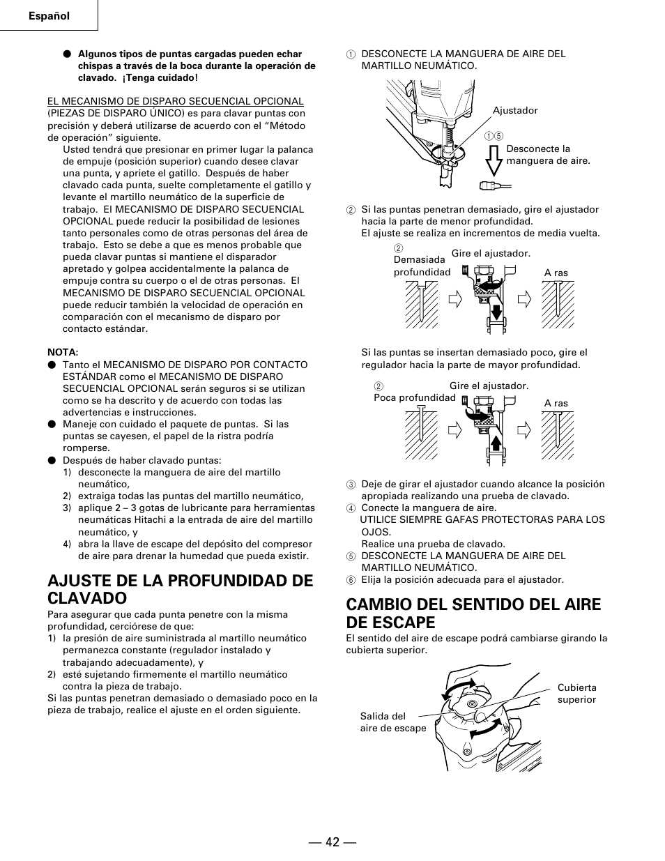 Ajuste de la profundidad de clavado, Cambio del sentido del aire de escape | Hitachi NR90AA User Manual | Page 42 / 48
