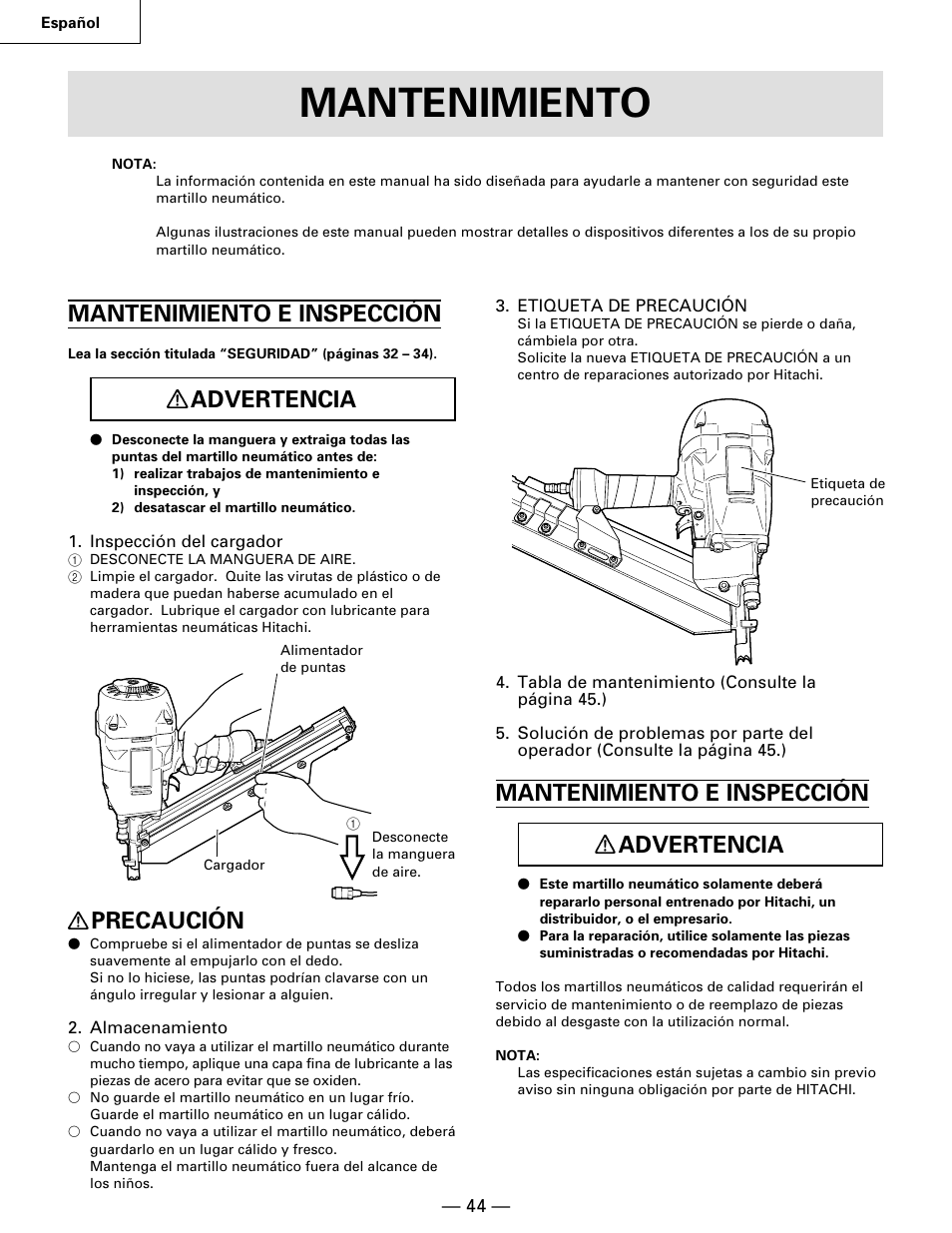 Mantenimiento, Mantenimiento e inspección, Advertencia | Precaución, Mantenimiento e inspección advertencia | Hitachi NR90AA User Manual | Page 44 / 48