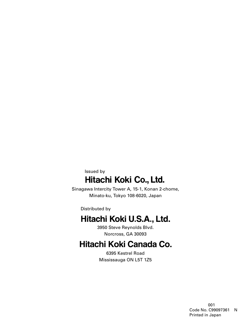 Hitachi koki canada co | Hitachi NR90AA User Manual | Page 48 / 48