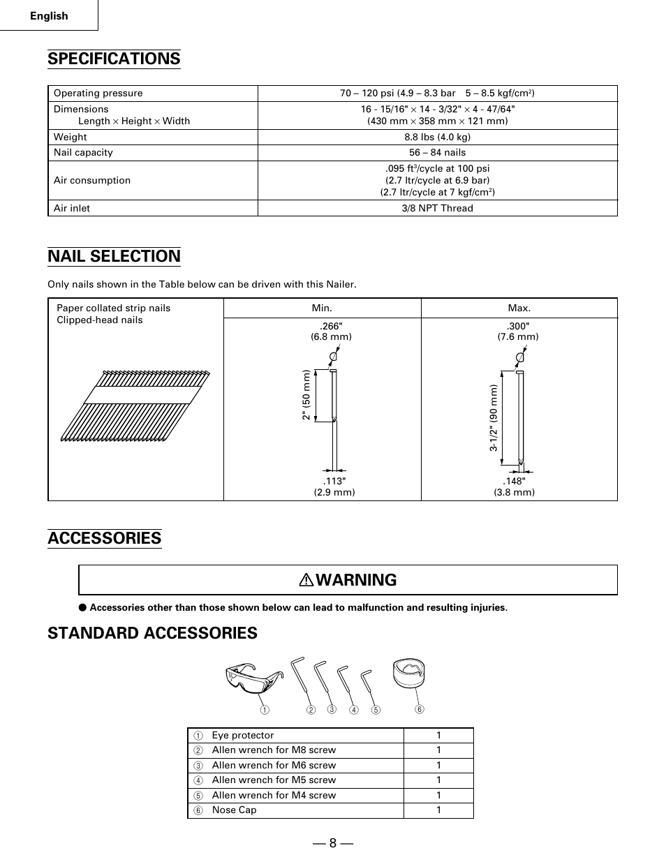Specifications, Nail selection, Accessories warning | Standard accessories | Hitachi NR90AA User Manual | Page 8 / 48