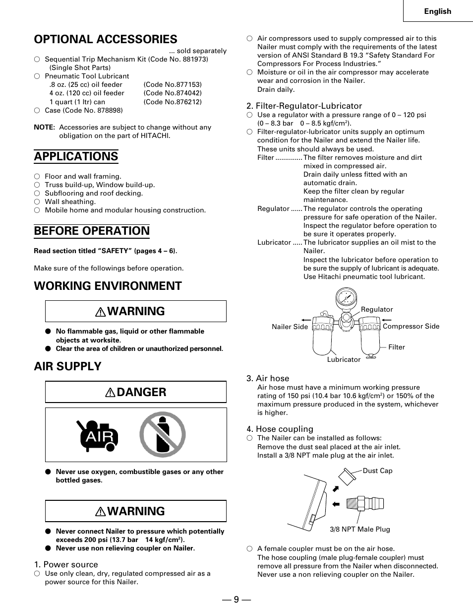 Optional accessories, Applications, Before operation | Working environment warning, Air supply danger, Warning | Hitachi NR90AA User Manual | Page 9 / 48