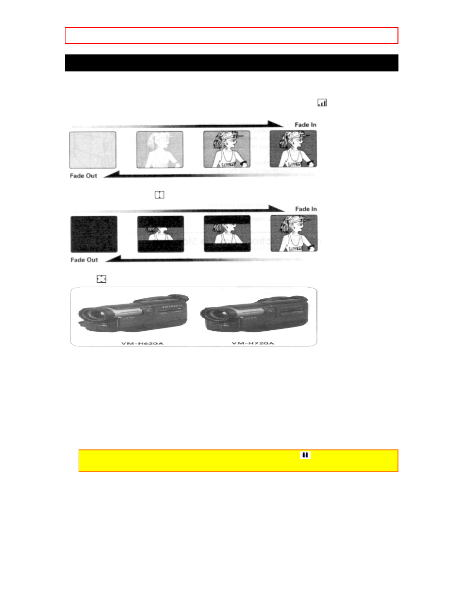 Using fade, Advanced techniques - 39 - using fade, Fading in | Fading out | Hitachi VM-H620A User Manual | Page 39 / 61