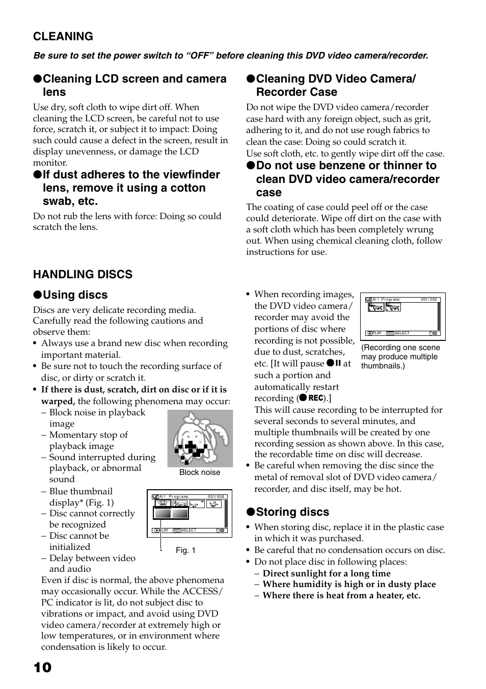 Cleaning, Cleaning lcd screen and camera lens, Cleaning dvd video camera/ recorder case | Handling discs ● using discs, Storing discs | Hitachi DZ-HS503 User Manual | Page 10 / 163