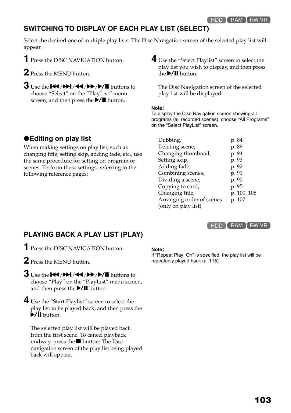 Switching to display of each play list, Select), Playing back a play list (play) | P. 103) | Hitachi DZ-HS503 User Manual | Page 103 / 163