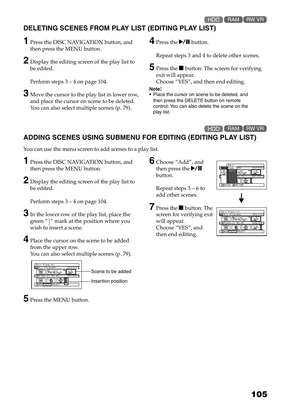Deleting scenes from play list (editing, Play list), Adding scenes using submenu for | Editing (editing play list), Deleting scenes from play list (editing play list) | Hitachi DZ-HS503 User Manual | Page 105 / 163
