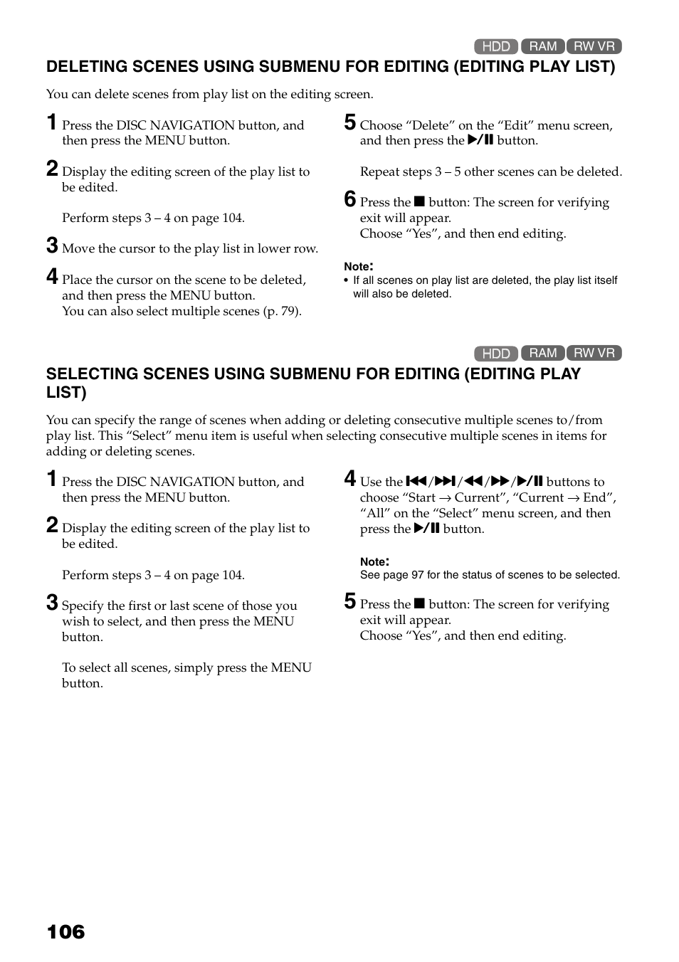 Deleting scenes using submenu for, Editing (editing play list), Selecting scenes using submenu for | Hitachi DZ-HS503 User Manual | Page 106 / 163