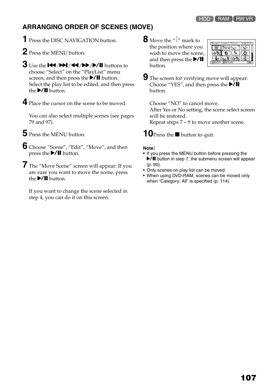 Arranging order of scenes (move), P. 107), P. 107 | Hitachi DZ-HS503 User Manual | Page 107 / 163