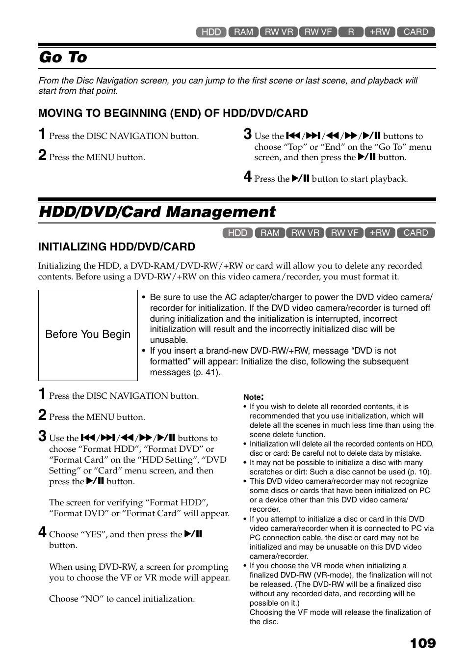 Go to, Moving to beginning (end) of hdd/dvd, Card | Hdd/dvd/card management, Initializing hdd/dvd/card, P. 109) | Hitachi DZ-HS503 User Manual | Page 109 / 163