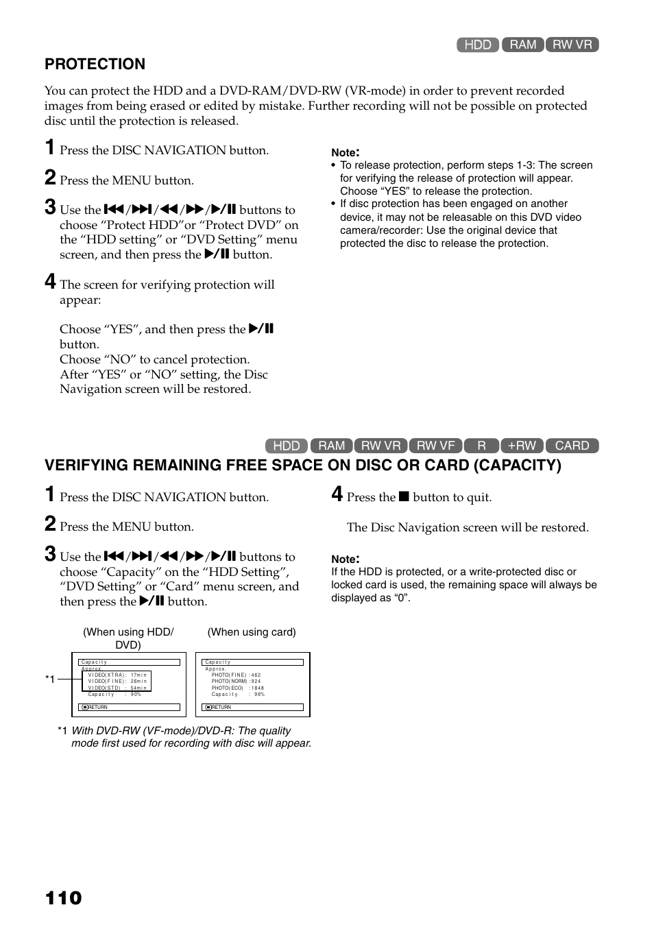 Protection verifying remaining free space on disc, Or card (capacity), P. 110) (p. 110) | P. 110), Protection | Hitachi DZ-HS503 User Manual | Page 110 / 163