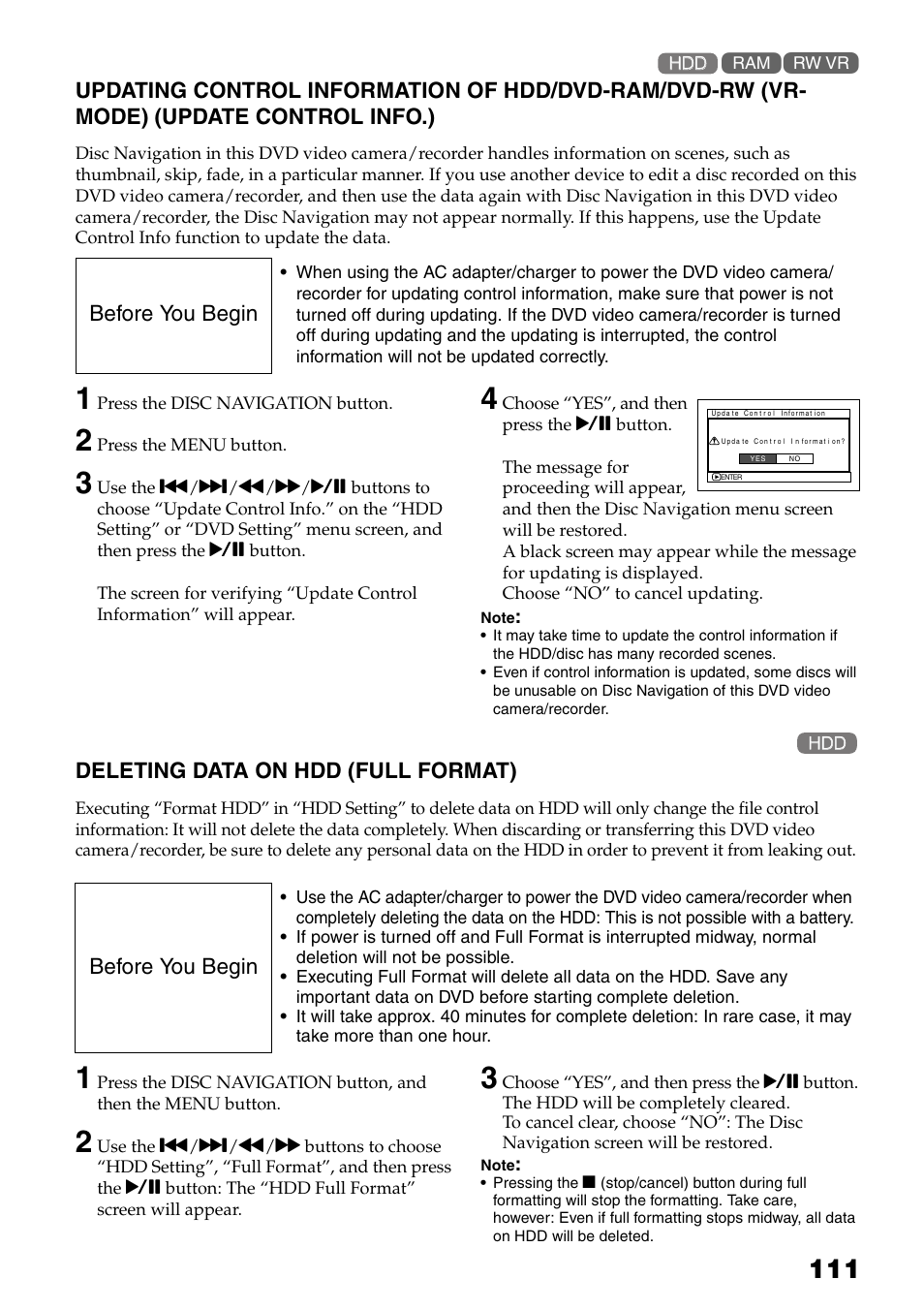 P. 111, Updating control information of hdd, Dvd-ram/dvd-rw (vr-mode) (update control info.) | Deleting data on hdd, Full format), P. 111) | Hitachi DZ-HS503 User Manual | Page 111 / 163