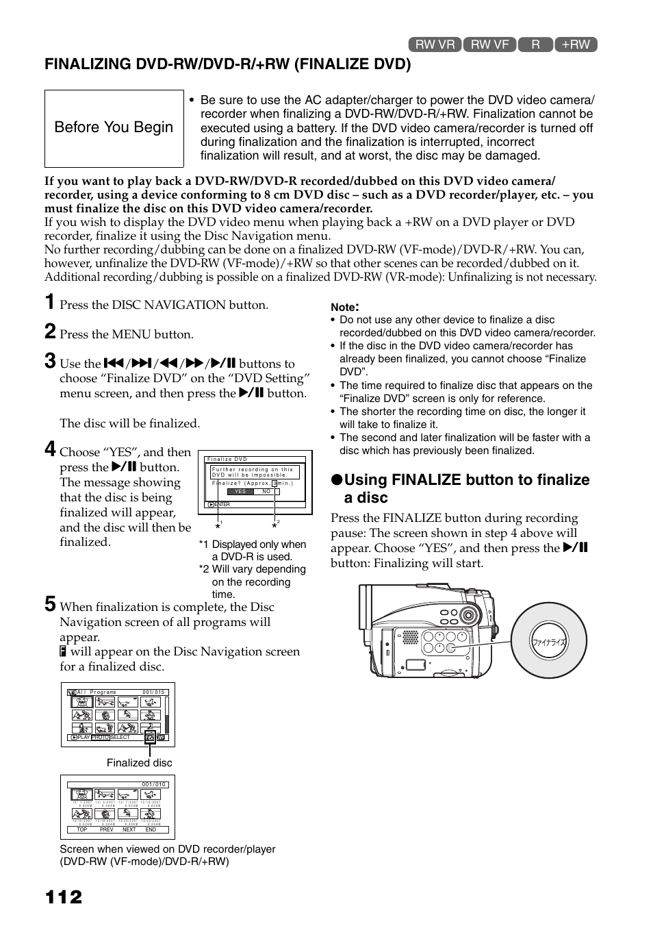 Finalizing dvd-rw/dvd-r/+rw (finalize, Dvd), P. 112) | Finalizing dvd-rw/dvd-r/+rw (finalize dvd), Using finalize button to finalize a disc, Before you begin, Press the disc navigation button, Press the menu button | Hitachi DZ-HS503 User Manual | Page 112 / 163