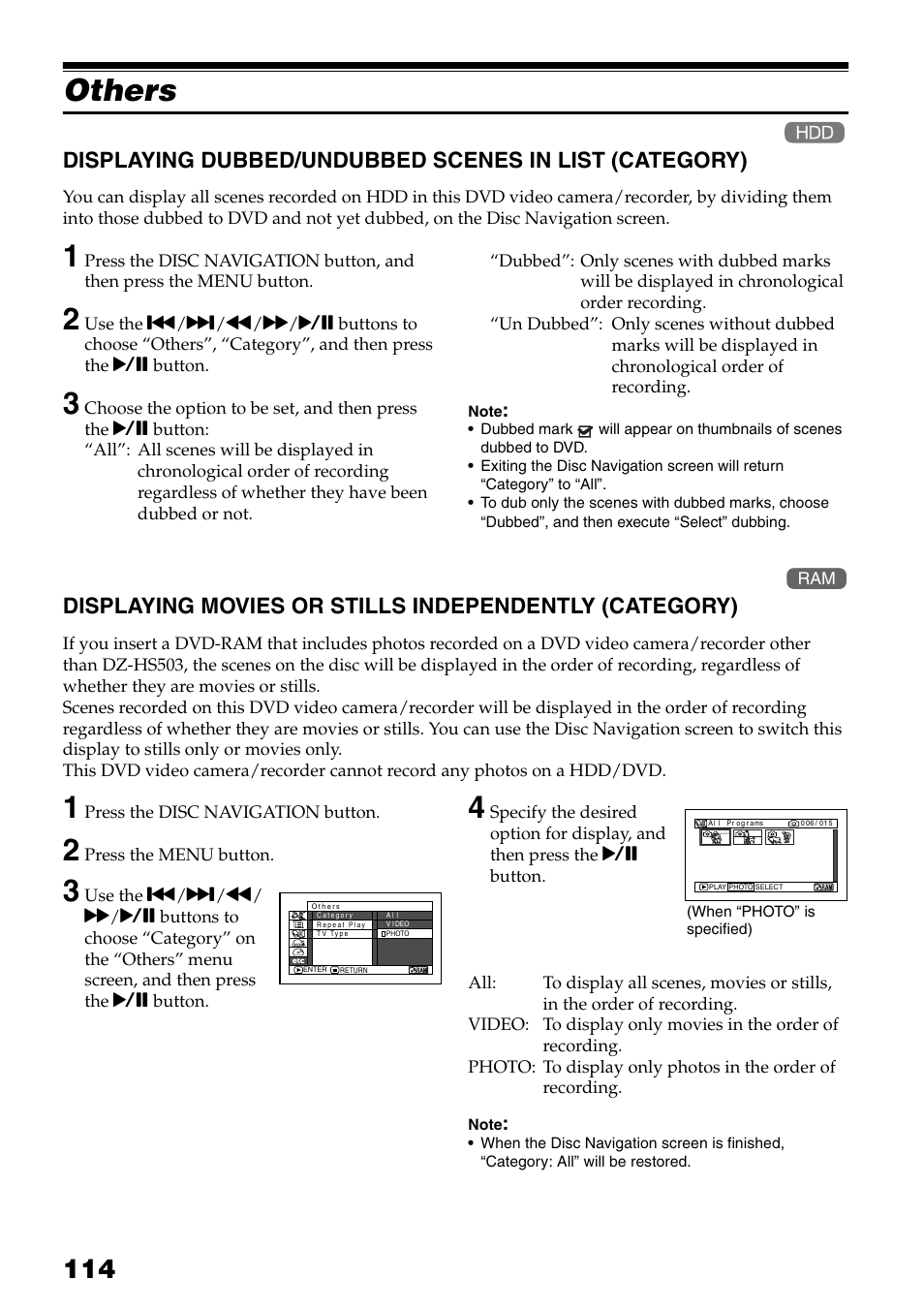 Others, Displaying dubbed/undubbed scenes in, List (category) | Displaying movies or stills, Independently (category), P. 114), Specified (p. 114). stills, D (p. 114) | Hitachi DZ-HS503 User Manual | Page 114 / 163