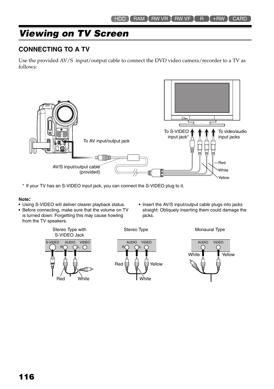 Connecting to a tv, Viewing on tv screen | Hitachi DZ-HS503 User Manual | Page 116 / 163