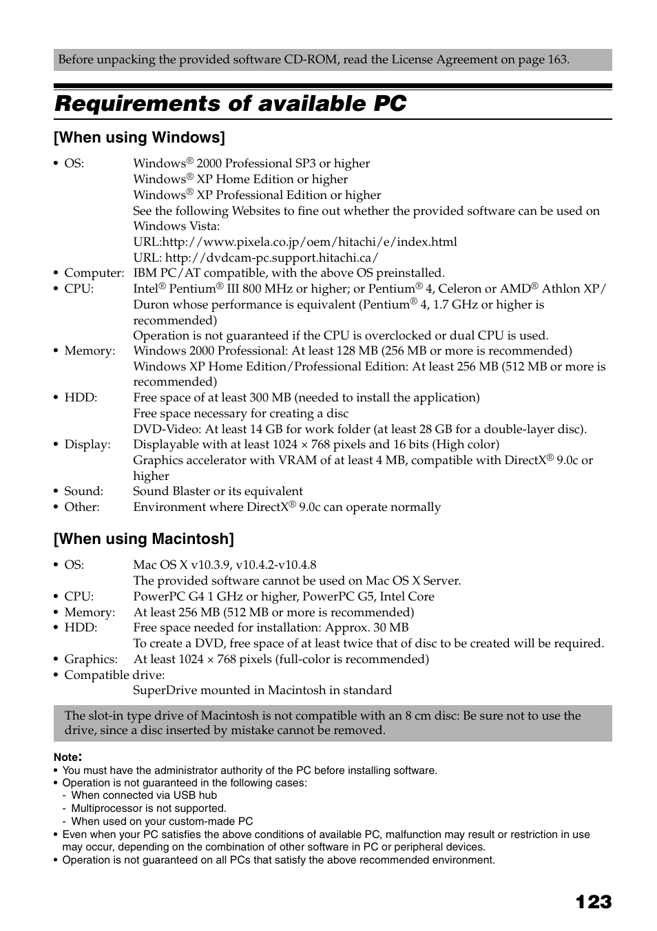 Requirements of available pc, When using windows, When using macintosh | Hitachi DZ-HS503 User Manual | Page 123 / 163