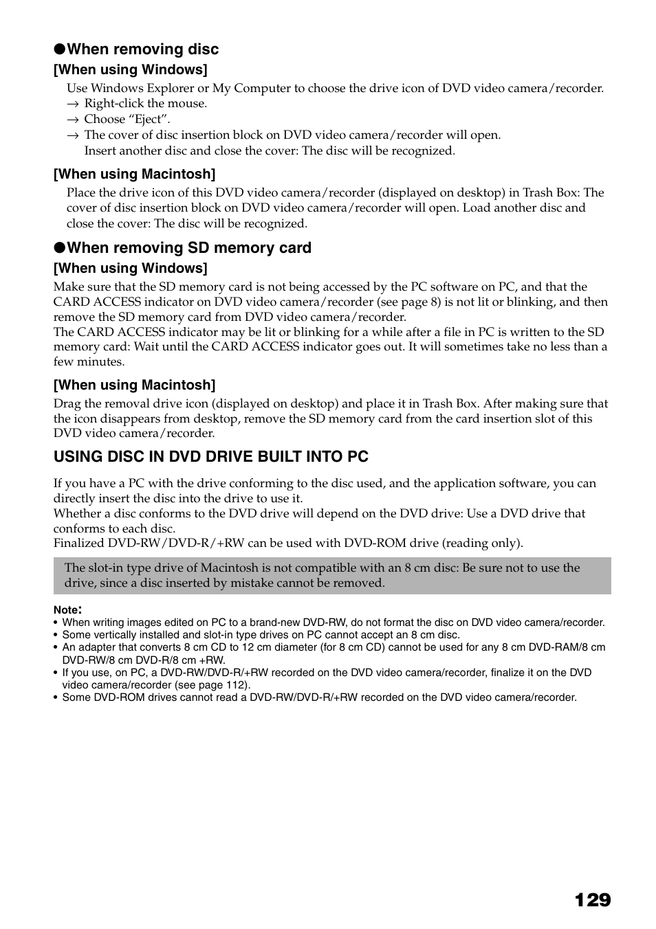 Using disc in dvd drive built into pc, When removing disc | Hitachi DZ-HS503 User Manual | Page 129 / 163