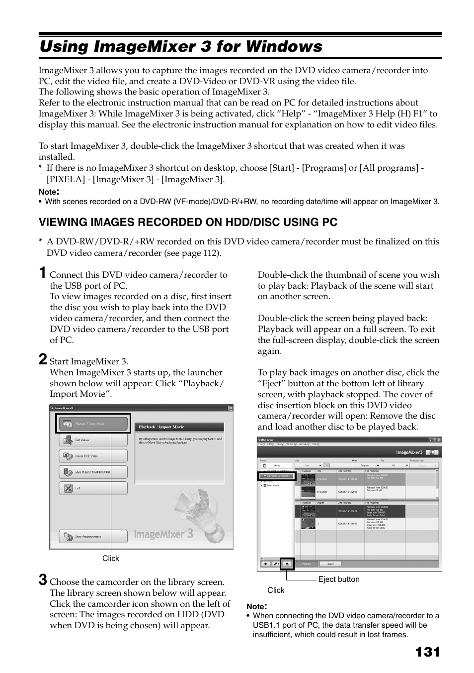 Using imagemixer 3 for windows, Viewing images recorded on hdd/disc, Using pc | Hitachi DZ-HS503 User Manual | Page 131 / 163