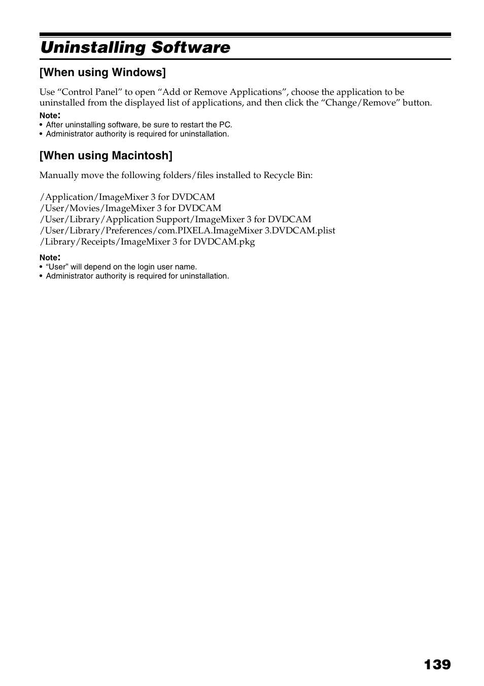 Uninstalling software | Hitachi DZ-HS503 User Manual | Page 139 / 163