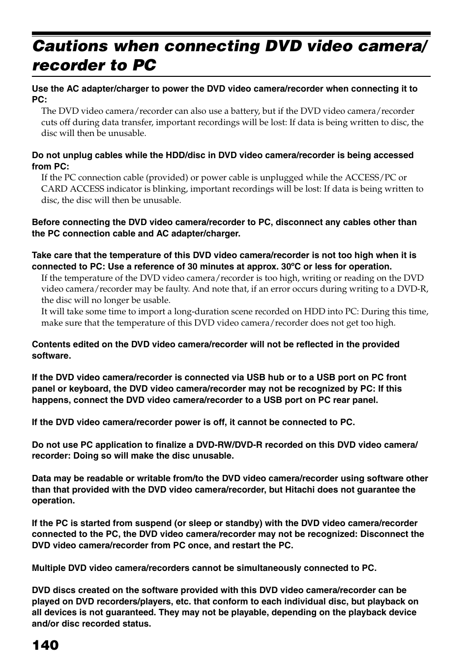 Cautions when connecting dvd video camera, Recorder to pc | Hitachi DZ-HS503 User Manual | Page 140 / 163