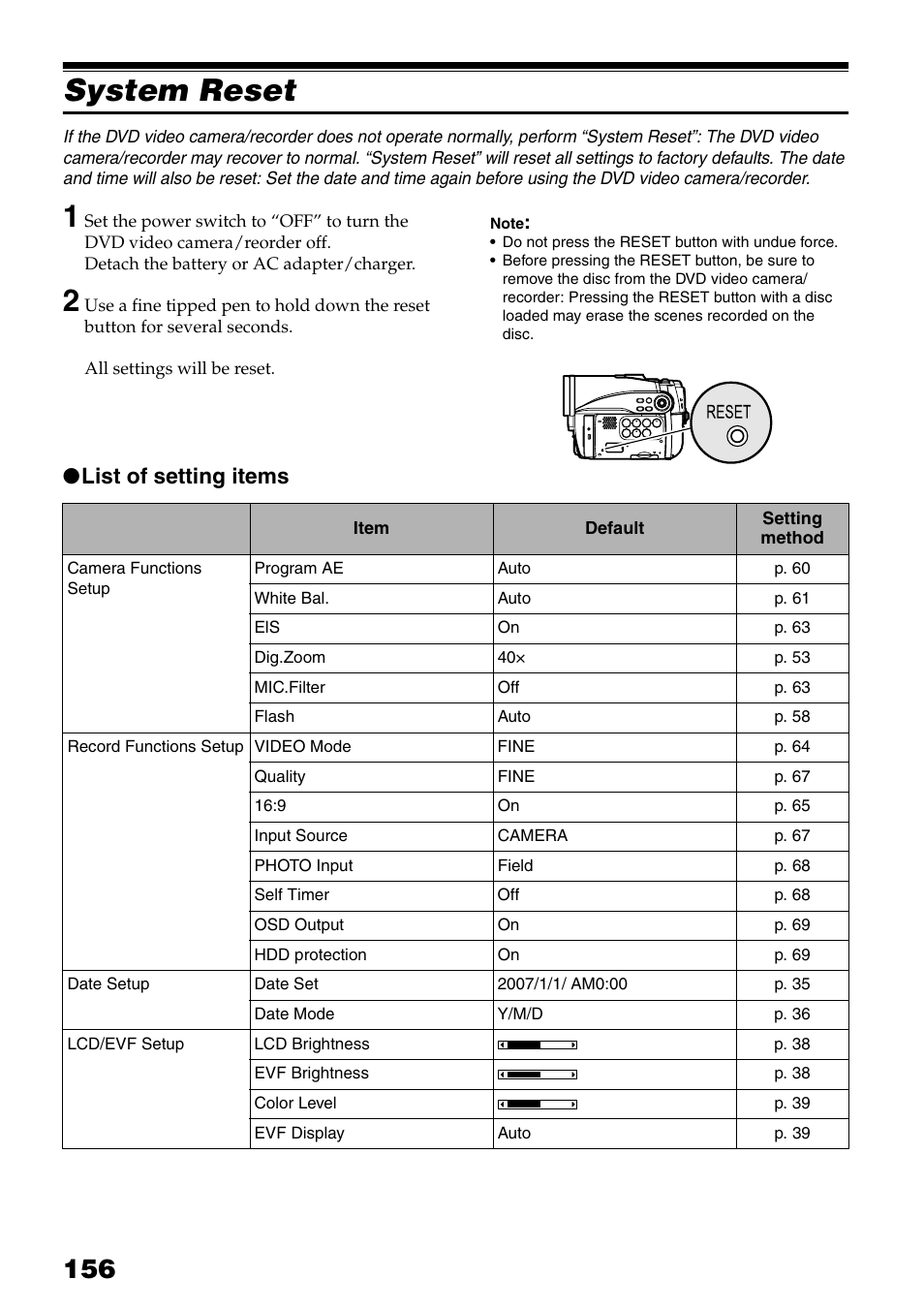System reset, Tton (p. 156), List of setting items | Hitachi DZ-HS503 User Manual | Page 156 / 163