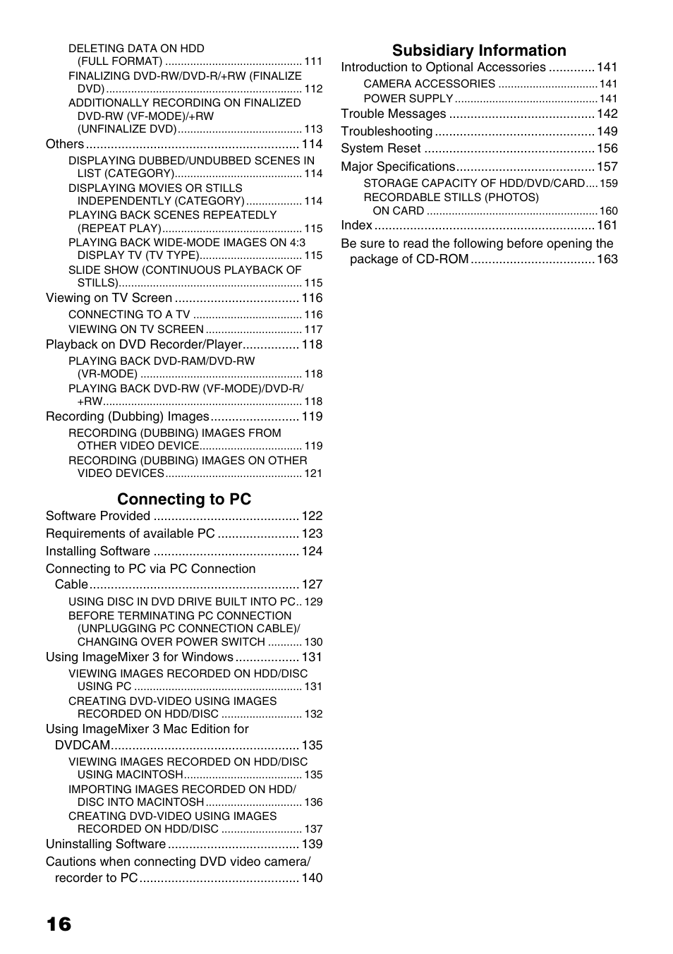 Connecting to pc, Subsidiary information | Hitachi DZ-HS503 User Manual | Page 16 / 163