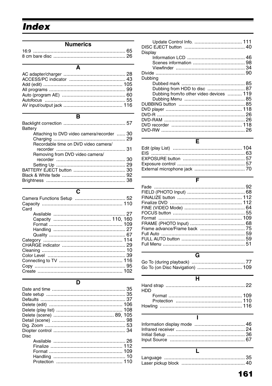 Index | Hitachi DZ-HS503 User Manual | Page 161 / 163