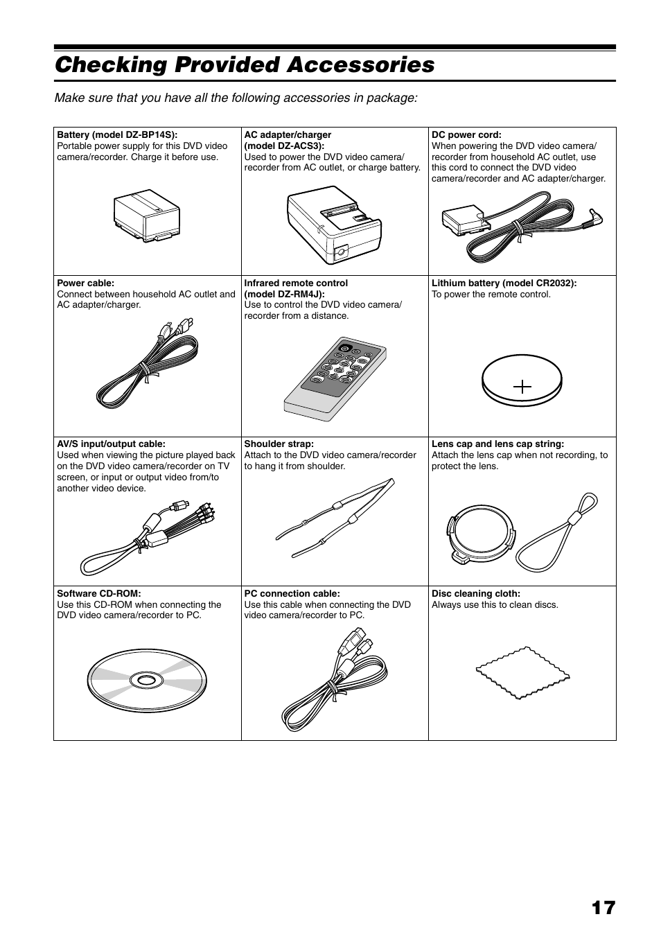 Checking provided accessories | Hitachi DZ-HS503 User Manual | Page 17 / 163