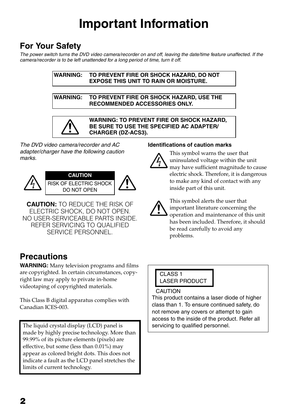 Important information, For your safety, Precautions | Hitachi DZ-HS503 User Manual | Page 2 / 163