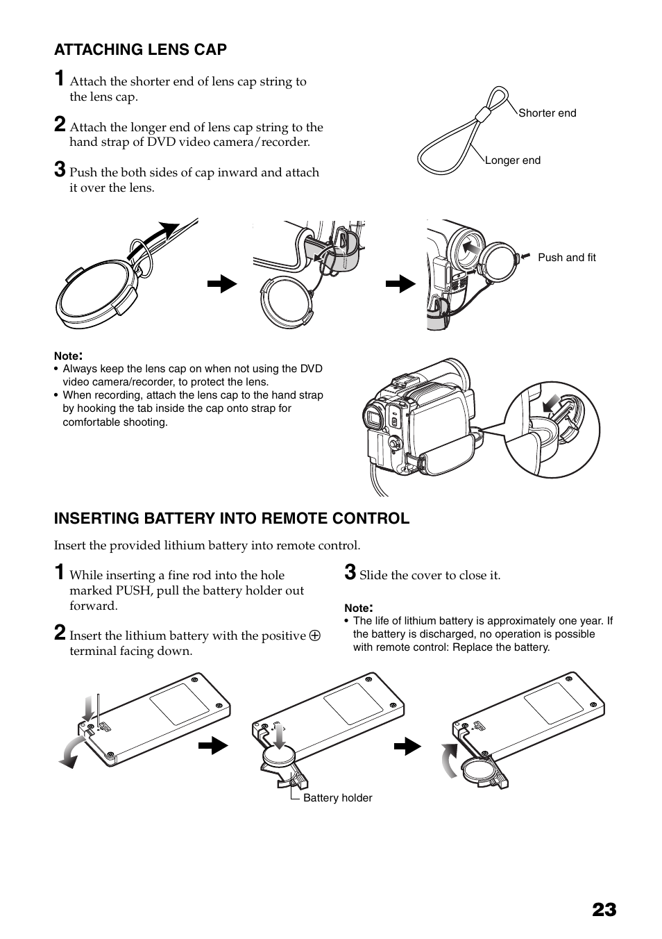 Attaching lens cap inserting battery into remote, Control | Hitachi DZ-HS503 User Manual | Page 23 / 163