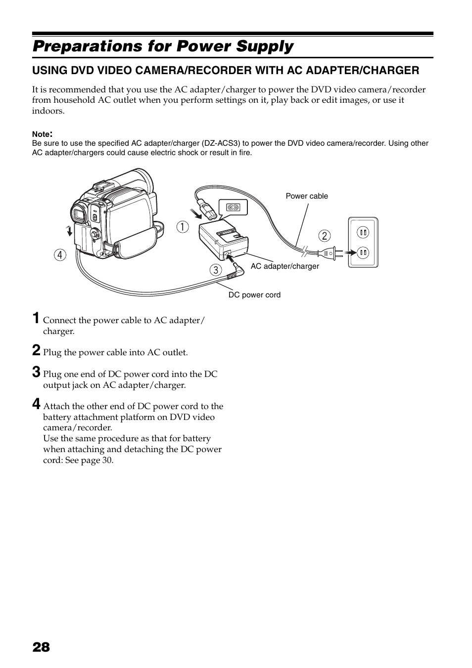 Preparations for power supply, Using dvd video camera/recorder, With ac adapter/charger | Hitachi DZ-HS503 User Manual | Page 28 / 163
