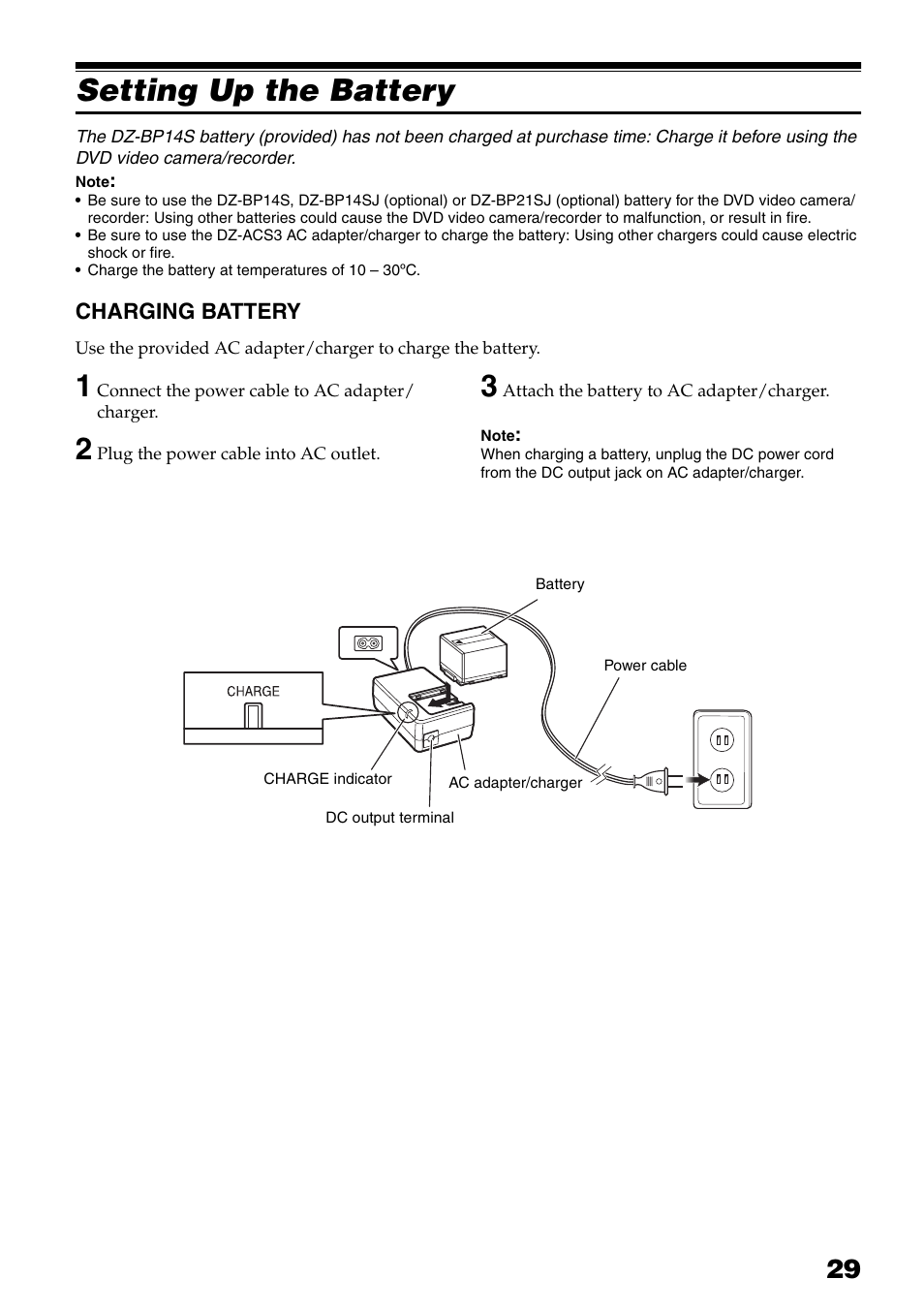 Setting up the battery, Charging battery | Hitachi DZ-HS503 User Manual | Page 29 / 163