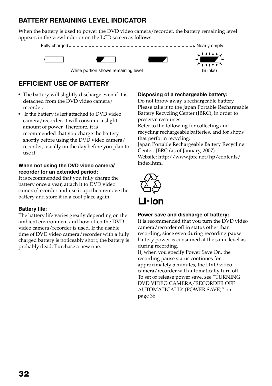 Battery remaining level indicator, Efficient use of battery | Hitachi DZ-HS503 User Manual | Page 32 / 163