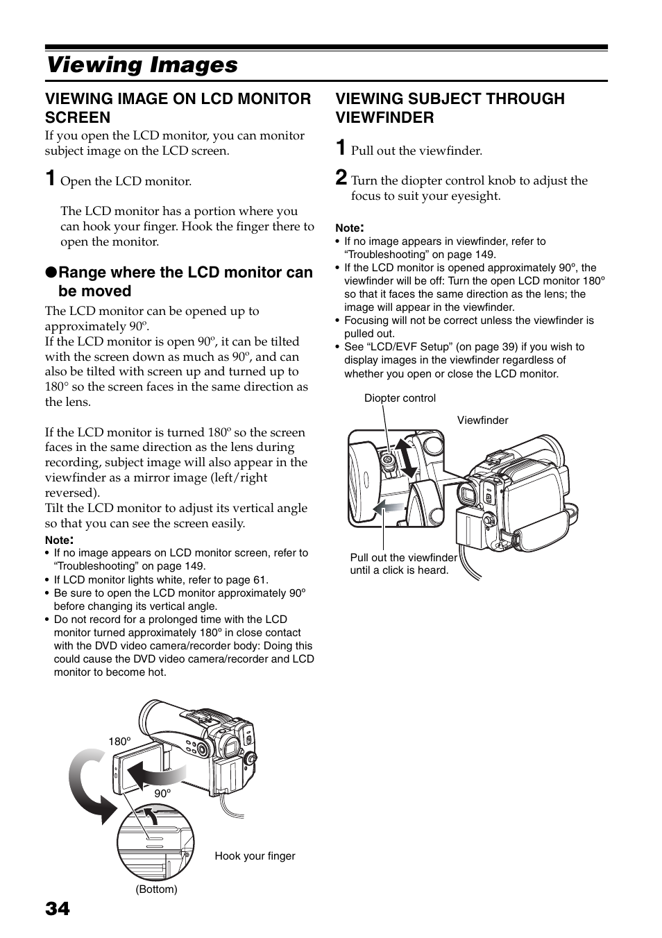 Viewing images, Viewing image on lcd monitor, Screen | Viewing subject through, Viewfinder, E) (p. 34), Er (p. 34), L (p. 34), Viewing image on lcd monitor screen, Range where the lcd monitor can be moved | Hitachi DZ-HS503 User Manual | Page 34 / 163