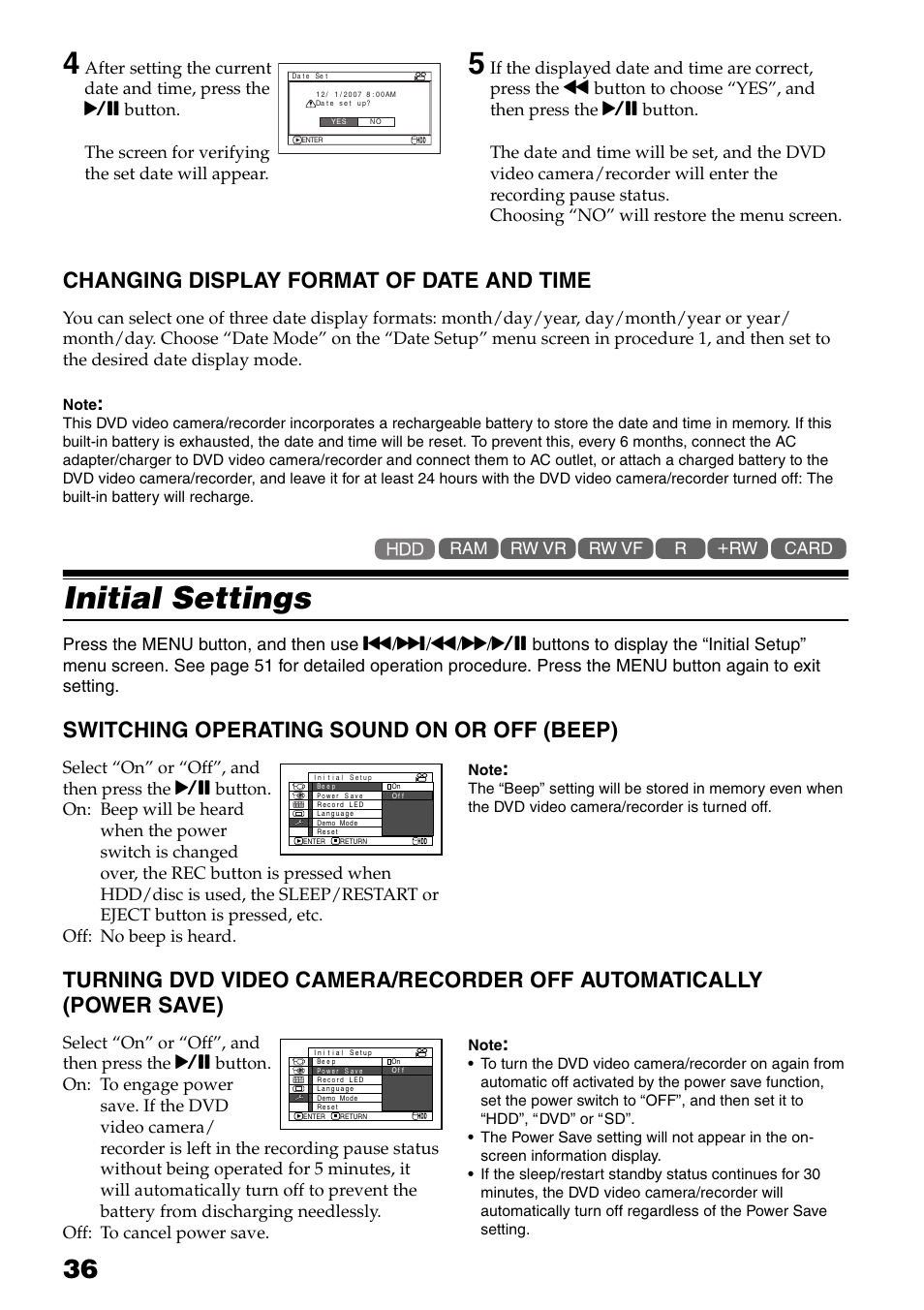 Changing display format of, Date and time, Initial settings | Switching operating sound on or off, Beep), Turning dvd video camera/recorder, Off automatically (power save), Changing display format of date and time, Switching operating sound on or off (beep) | Hitachi DZ-HS503 User Manual | Page 36 / 163